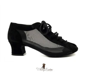 SCARPA DA BALLO DONNA JAZZ SALSA LATINO TANGO IN CAMOSCIO NERO E RETE TC 4,5 CM - Foto 1 di 4