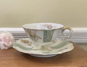 Iridescent White & Green Footed Teacup & Saucer Handpainted by UCACGO of Japan - Picture 1 of 24