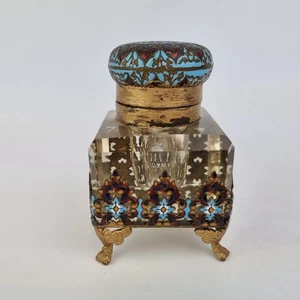 Antique 19thC French Champleve Enamel & Glass Inkwell - Picture 1 of 14