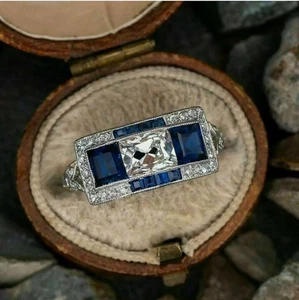2.Ct Emerald Cut Diamond Sapphire Art Deco Engagement Ring 14K White Gold Finish - Picture 1 of 6