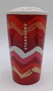 Starbucks 2014 Red Chevron Zig Zag 10oz Ceramic Travel Mug Tumbler With Lid - Bild 1 von 8