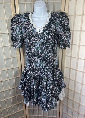 Vintage All That Jazz Juniors 7/8 80s/90s Modest Floral Lace Collar Tea Dress - Image 1 of 4