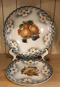 VTG Lace Edge Bavarian Dinner &Salad Plate Set Fruit Design Made In Germany - Picture 1 of 11