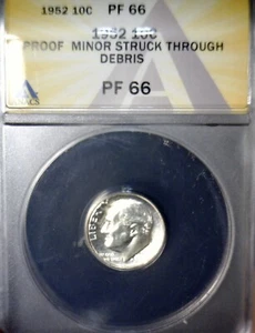 1952 ERROR ANACS PR66 Struck Thru Thread SILVER Roosevelt Dime GEM PROOF Coin - Picture 1 of 9