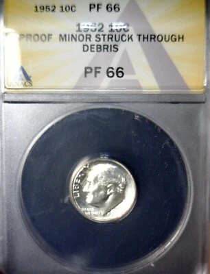 1952 ERROR ANACS PR66 Struck Thru Thread SILVER Roosevelt Dime GEM PROOF Coin - Image 1 of 4