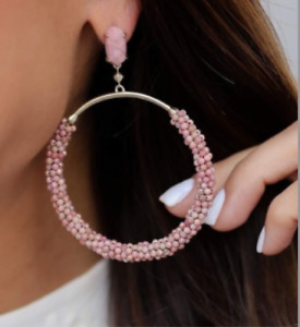 Kendra Scott Russel Beaded Hoop Earrings in Pink Agate 14k Gold Plated BNOC