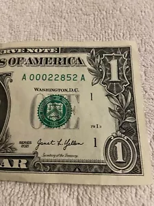 $1.00 , Series 2021. Low Serial Number, Low Original Production Run A 00022852 - Picture 1 of 3