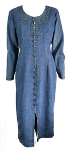 Vintage Retro 80s Nina Piccalino Brass Button LS Denim Jean Midi Priaire Dress L - Picture 1 of 6