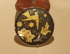 Vintage Damascene Gold Inlay Bird And Flowers Round Brooch Pendant Pin - Picture 1 of 5