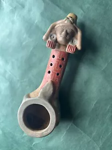 Vintage Aztec Mayan Mexican Folk Art Pottery Flute Whistle Clay Figure - Picture 1 of 8