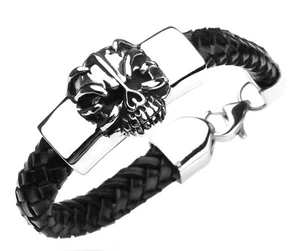 Leather Bracelet Bracelet Skull Demon Biker Jewelry Stainless Steel Jewelry 21cm NEW - Picture 1 of 3