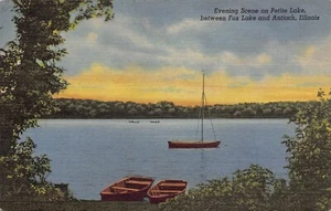 Petite Lake Abendszene Fox Lake Antiochia Illinois 1950er Leinen Postkarte - Bild 1 von 2