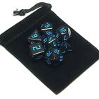 New 7 Piece Polyhedral Opaque Black with Blue Gothic Font Dice Set and Dice Bag 
