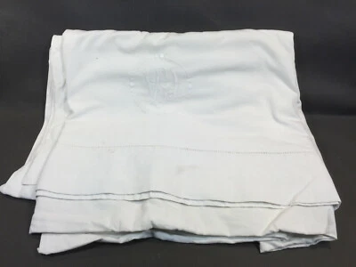 Ancien drap en coton ou fil de coton brodé blanc monogramme VG vintage - Photo 1/3