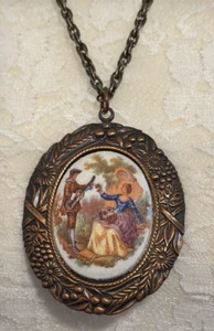 Vintage Necklace Victorian Courting Couple Scene Pendant Filigree Genuine Copper - Picture 1 of 15