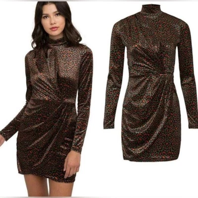 Black Halo Printed Briar leopard velvet Mini Dress long sleeve size 8 EUC - Image 1 of 4