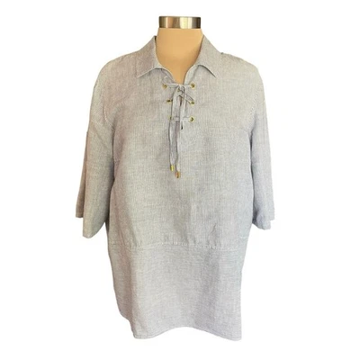 Túnica Ellen Tracy Mezcla de Lino Popover Rayas Mangas con Pestaña Encaje Detalle Talla XL Foto 1 de 4