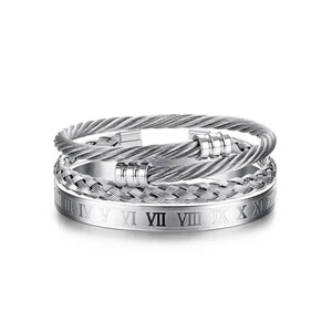 3Pcs Stainless Steel Bracelets for Men Roman Numeral Bangle Bracelet Adjustab... - Foto 1 di 7