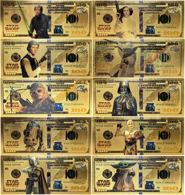 Star Wars Vader Luke Han Boba Baby Yoda 24K Gold Plated Foil $100 Notes Set XS12 - Image 1 of 4