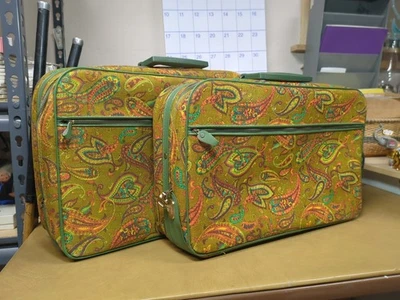 Two Piece Vintage 1970s Paisley Orange Soft side Canvas Suitcase - Image 1 of 4