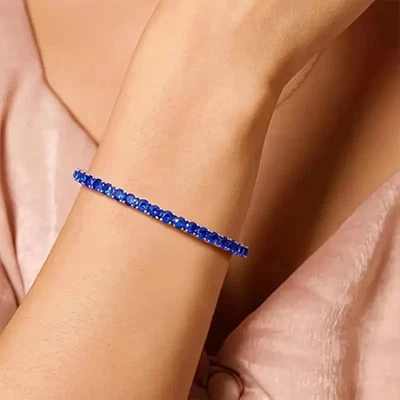 Теннисный браслет 7,00 TCW круглой огранки Lab синий бриллиант покрытие белым золотом 14 карат - Изображение 1 из 4