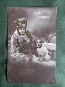 VINTAGE POSTCARD- BEAUTIFUL YOUNG WOMAN -JACK RUSSELL DOG- CHRISTMAS WISH - Picture 1 of 2