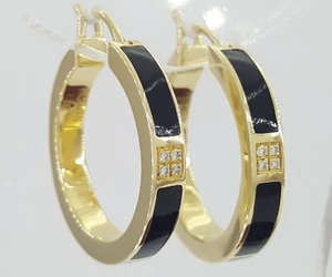 Bernard K Passman Black Coral Diamond 18k Yellow Gold Hoop Earrings 0.12 ct - Picture 1 of 8