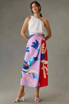 Farm Rio X Anthropologie L NWT Geo Wrap Linen Skirt Parrot Sarong Large New - Image 1 of 4