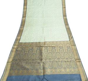 Sushila Vintage White Scrap Saree 100%Pure Silk Printed Floral Sari Craft Fabric - Picture 1 of 9