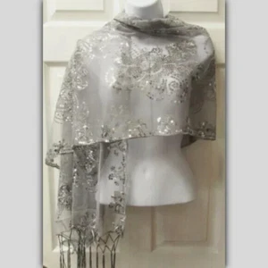 Silver Sequin Shawl Wrap Sparkle Fringed Scarf Wedding Bridal Prom Dressy Formal - Picture 1 of 2