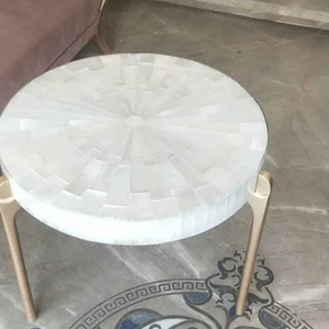 Round Selenite Stone Coffee Table Top, Crystal Sun Burst Selenite Table Home Top - Picture 1 of 4
