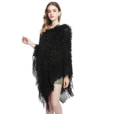 Capa de capa de piel sintética para mujer chal mullido pulóver borla poncho envolvente cálido top Foto 1 de 4
