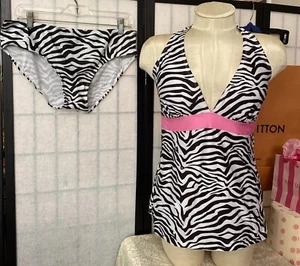 Bobbie Brooks Ladies 1X Swimsuit Zebra Print/Pink Contrast Removable Pad Tankini - Picture 1 of 14