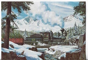 NOS LEANIN' TREE Christmas Card 7.25x5.5 Fresh Trees and Full Steam Train - Picture 1 of 3