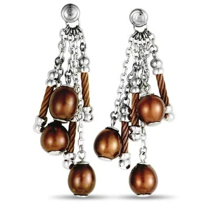 Charriol Pearl Stainless Steel and Bronze PVD Brown Pearls Dangle Push Back E... - Picture 1 of 4