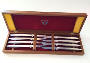 Vintage Gerber Miming Legendary Blades Steak Knives Set of 6 Walnut Case MCM