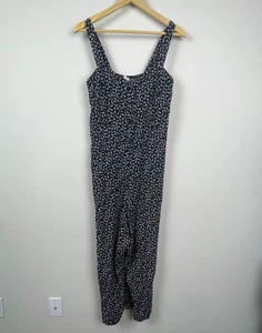 Loft Outlet Jumpsuit L Black Floral Smocked Back Rayon Cottagecore Boho One Piec - Picture 1 of 7