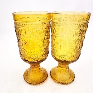 Vintage Brockway Starburst Amber Goblets Set of 2 American Concord 6.25" Tall c - Picture 1 of 6