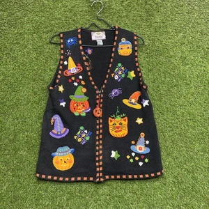 Suéter Chaleco Vintage Halloween Mujer Pequeño Bordado a Mano Tiara Calabaza Bruja - Imagen 1 de 11