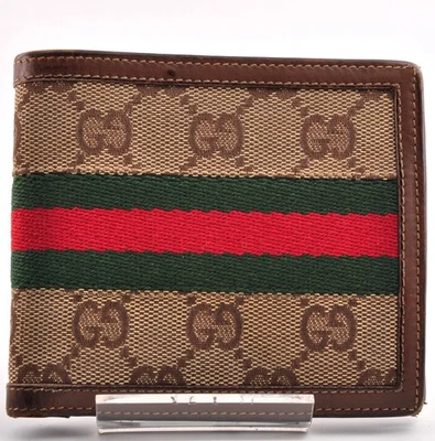 GUCCI GG Cartera Doble Plegable Cuero Línea Marrón Logo Usado Auténtico 10105 Foto 1 de 4