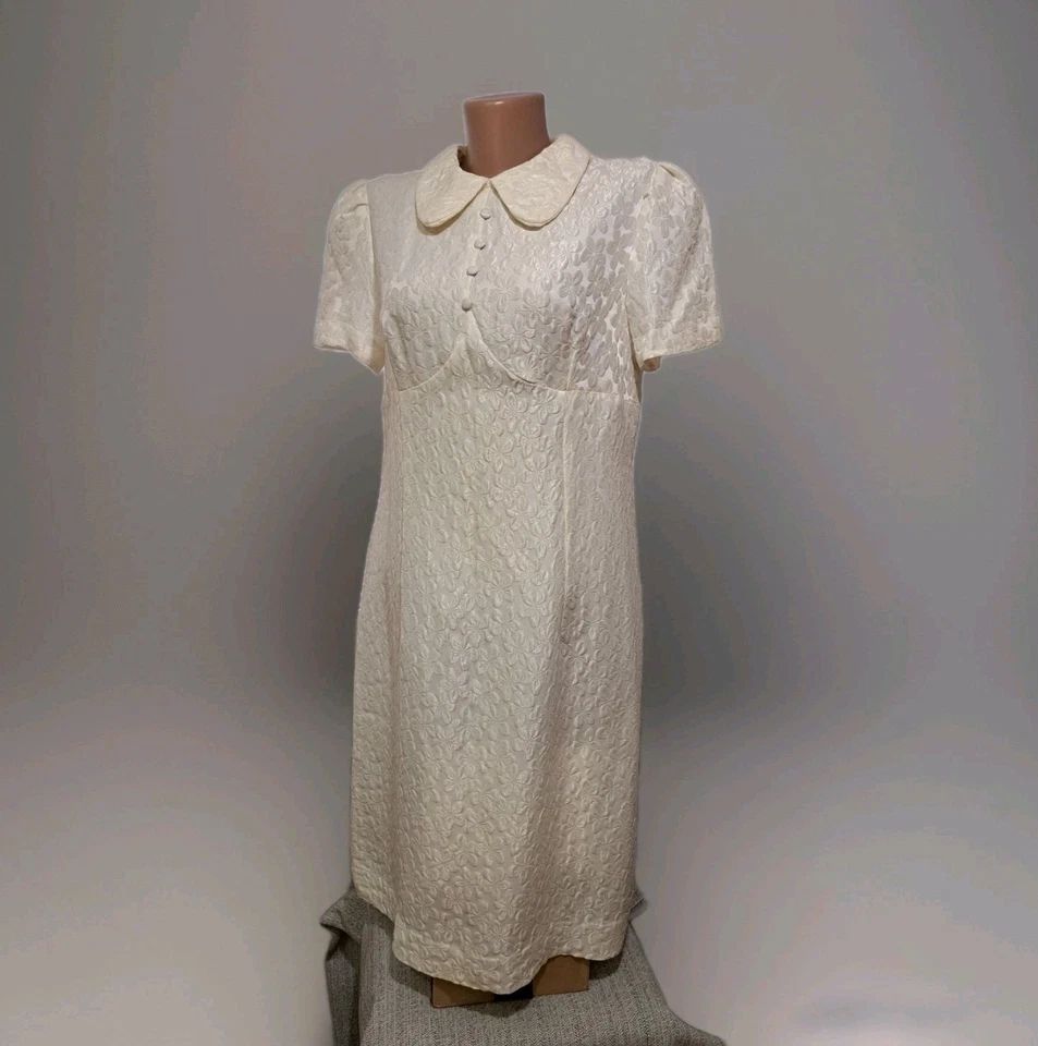 Vintage 1970s DDR White Dress Cream Crimplene Textured Modest Soviet History - Image 1 of 4