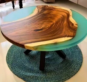 Custom Green Epoxy Resin Live Edge  Wooden Coffee Side Table Top Center Table - Picture 1 of 6