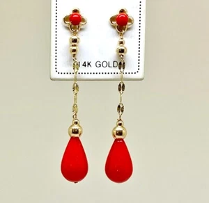 14K Massiv Gelbgold 12x7,5mm Träne Natürliche Rote Koralle Schraubverschluss Ohrringe - Bild 1 von 6