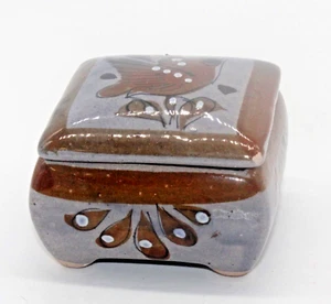 Vintage mexikanische Tonala Kunst Keramik Schmuck Box mit Deckel braun Vogel Quadrat - Bild 1 von 7