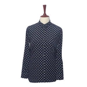 Womens Silky Satin Shirt Blue Polka Dot Blouse Button Up Dressy Top Medium Work - Picture 1 of 7