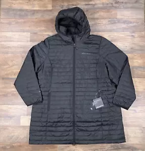 Eddie Bauer Puffer Jacket Womens 2X Black Hooded 650 Down Fill Traveler Trench - Picture 1 of 11
