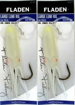 2 Fladen Lumi Squid 8/0 Hook Large Rig Winged Rig Cod Ling Conger Pollock Lures Foto 1 de 4