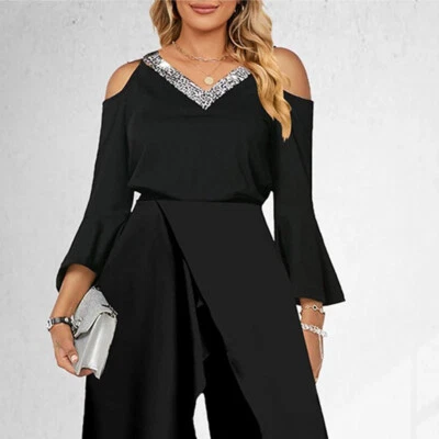 Damen V-Neck Overall Jumpsuit Spielanzug Pailletten Palazzo Hosenanzug Romper * - Bild 1 von 4