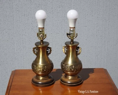 Pair of Vintage Mid Century Metal Table Lamps Lights w Lamp Shades - Image 1 of 4