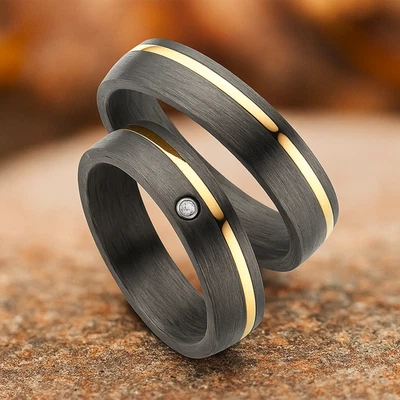 Eheringe Partnerringe Verlobungsringe Trauringe Titan Carbon + Diamant + Gravur - Bild 1 von 4